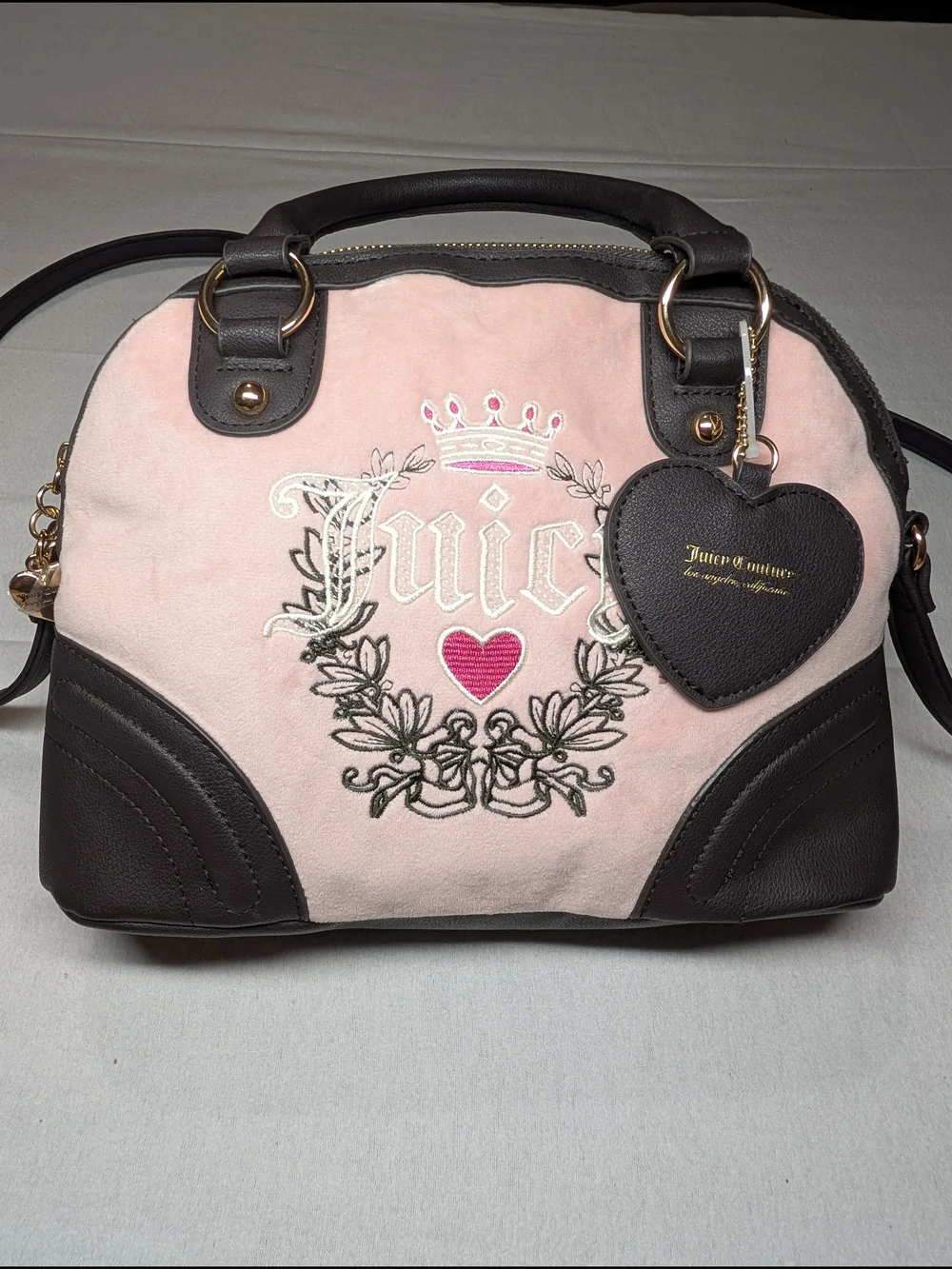 Juicy Couture Pink and Dark Brown Heart Charm Satchel Bag